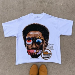 Y2K Fashion Portrait Pattern Printed Short Sleeve T-Shirt Men's 2024 Goth Couple Casual Loose Versatile Oversized Shirt Top