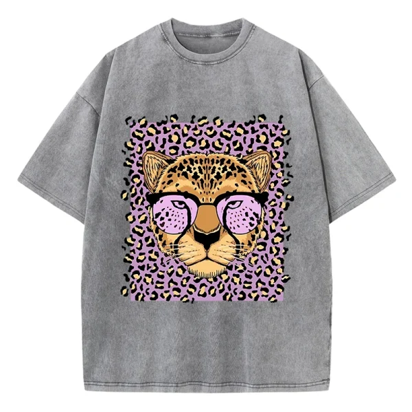 Vintage Womens Acid Wash T-Shirts Leopard Cartoons Printing Tees Crewneck Cotton Oversize Short Sleeve Fashion Female Clothes - Image 2
