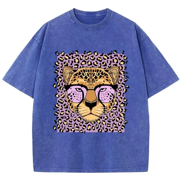 Vintage Womens Acid Wash T-Shirts Leopard Cartoons Printing Tees Crewneck Cotton Oversize Short Sleeve Fashion Female Clothes - Image 4