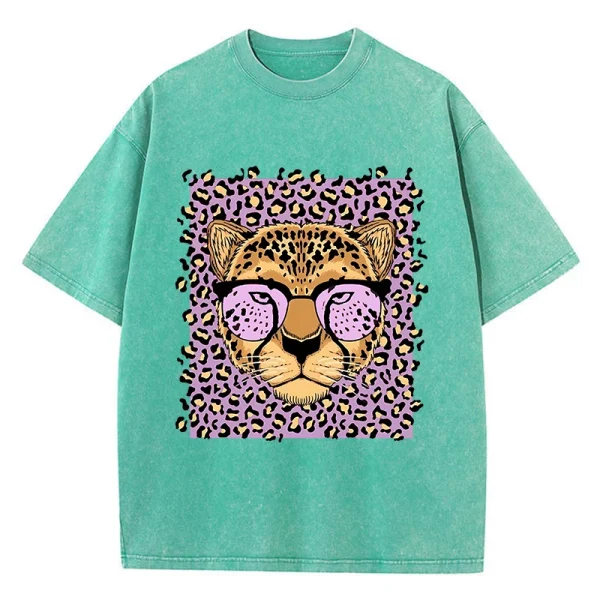 Vintage Womens Acid Wash T-Shirts Leopard Cartoons Printing Tees Crewneck Cotton Oversize Short Sleeve Fashion Female Clothes - Image 5