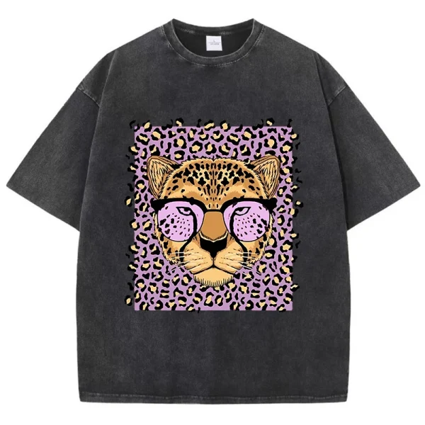 Vintage Womens Acid Wash T-Shirts Leopard Cartoons Printing Tees Crewneck Cotton Oversize Short Sleeve Fashion Female Clothes - Image 6