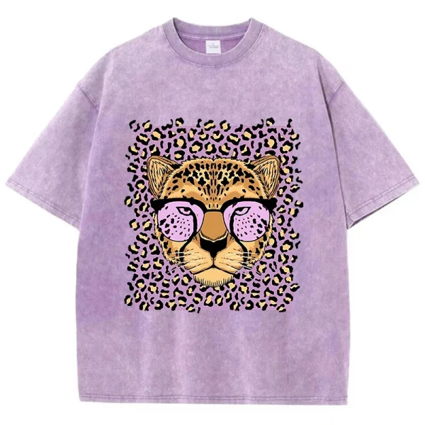 Vintage Womens Acid Wash T-Shirts Leopard Cartoons Printing Tees Crewneck Cotton Oversize Short Sleeve Fashion Female Clothes - Image 3