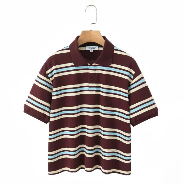 Summer Ladies Polo Shirts Woman Shorts Short Sleeve Brown Striped Vintage Clothes Polo Shirts Mujer Streetwear Crop Tops Casual - Image 3